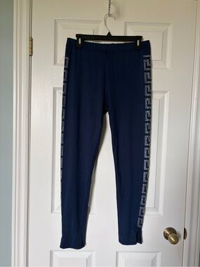 Navy Blue Rhinestone Greek Key Side Stripe Leggings XL
